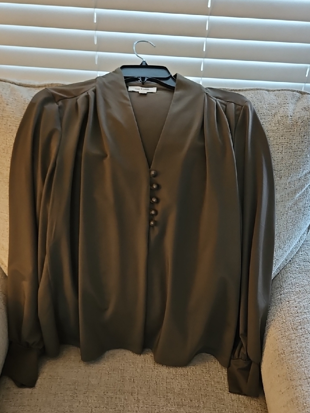Olive Satin V-Neck Button-Front Blouse